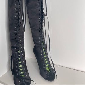 New black satin lace up over the knee boots